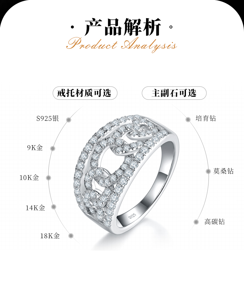 环环相扣满钻排戒S925银镀白金女戒定制选款副石莫桑钻0.6ct - 2