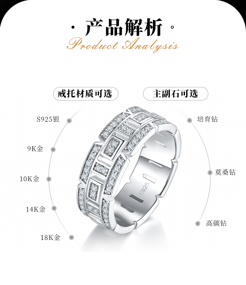 轻奢男款排戒S925银镀白金男戒定制选款副石莫桑钻0.45ct - 2