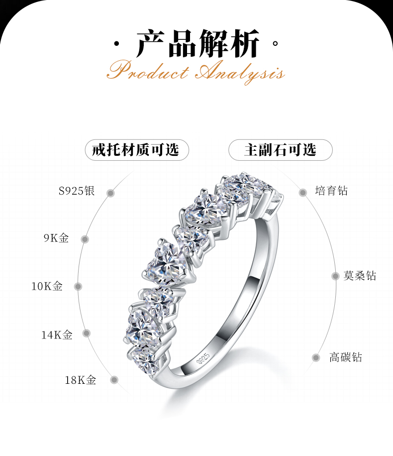 异形钻排戒S925银镀白金女戒定制选款副石莫桑钻1.7ct - 2