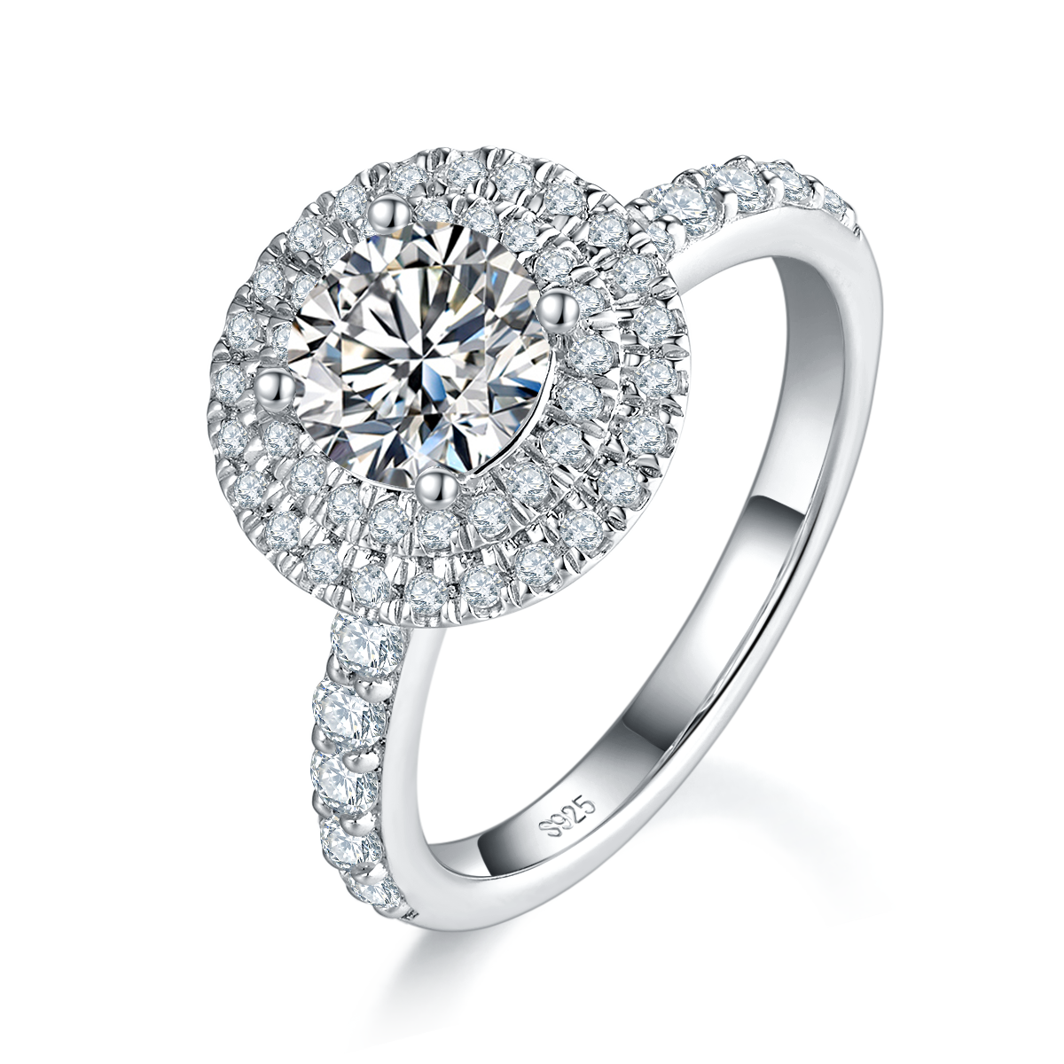 Light luxury double-layer round bag women's ring S925 silver plated platinum customized selection main stone Moissanite 1.0ct/Side Stone Cubic Zirconia