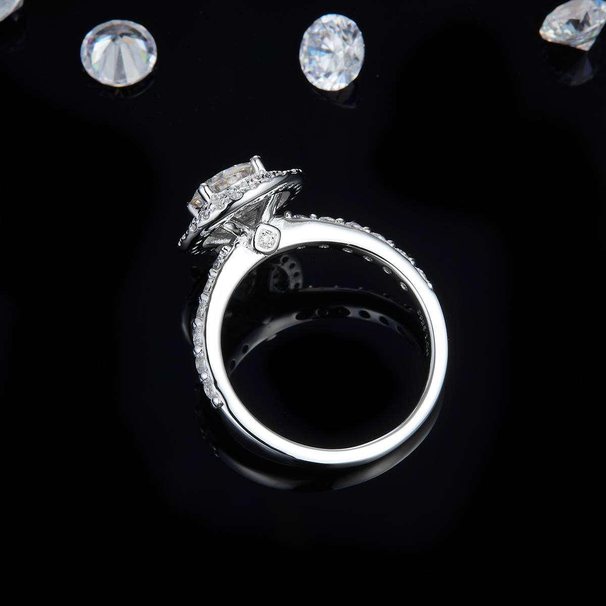 Light luxury double-layer round bag women's ring S925 silver plated platinum customized selection main stone Moissanite 1.0ct/Side Stone Cubic Zirconia