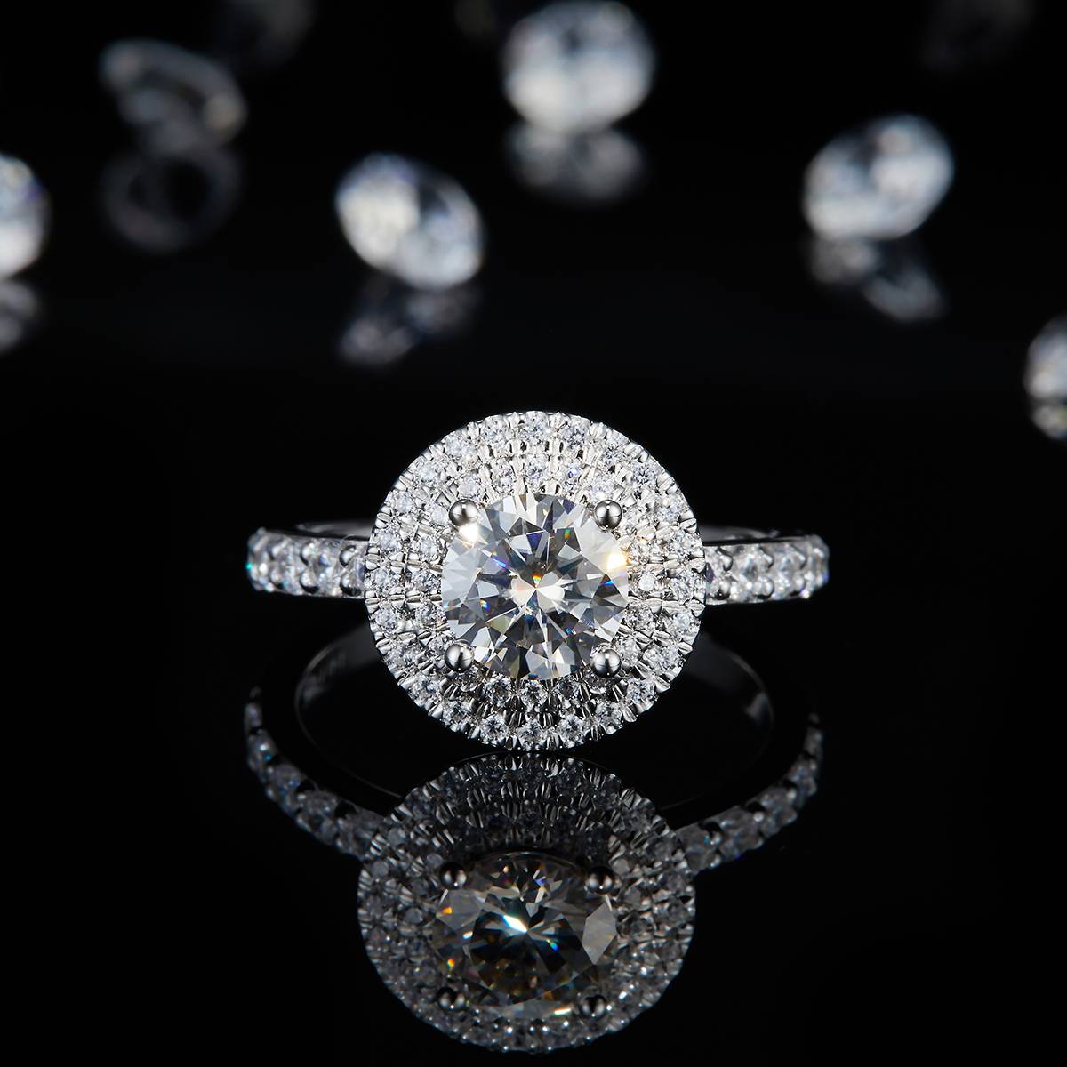Light luxury double-layer round bag women's ring S925 silver plated platinum customized selection main stone Moissanite 1.0ct/Side Stone Cubic Zirconia