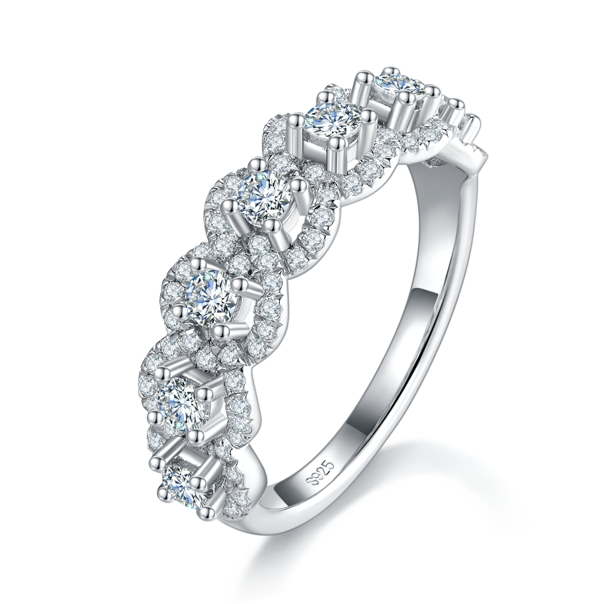 Round bag half circle broken diamond ring S925 silver plated platinum women's ring custom selection Side Stone Moissanite 0.83ct