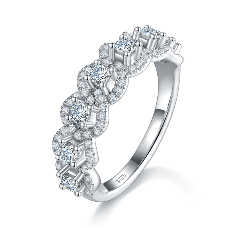 圆包半圈碎钻排戒S925银镀白金Women's Ring定制选款副石Moissanite0.83ct