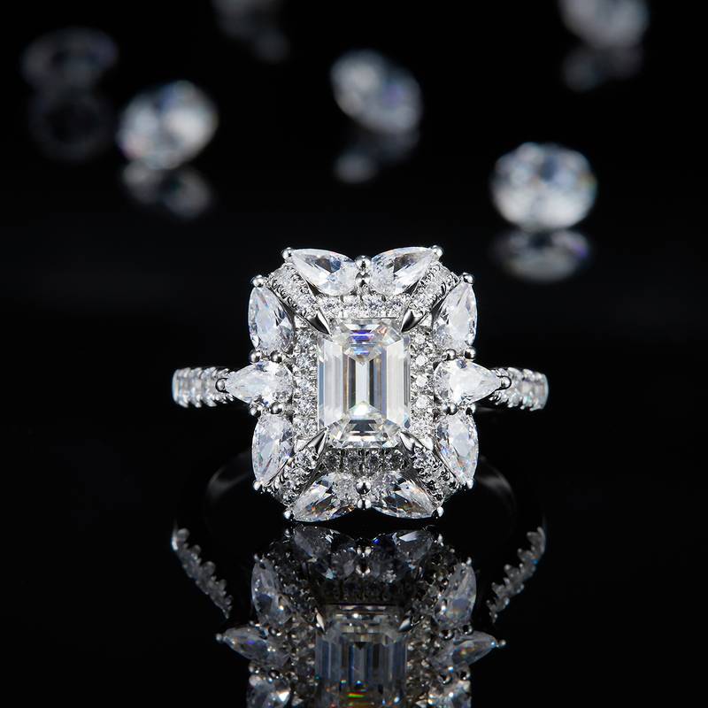 梨形小钻围镶长方钻Women's RingS925银镀白金定制选款主石Moissanite1.0ct/副石高碳钻