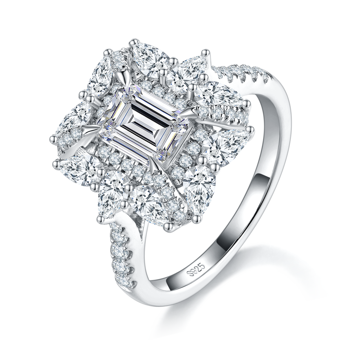梨形小钻围镶长方钻女戒S925银镀白金定制选款主石莫桑钻1.0ct/副石高碳钻
