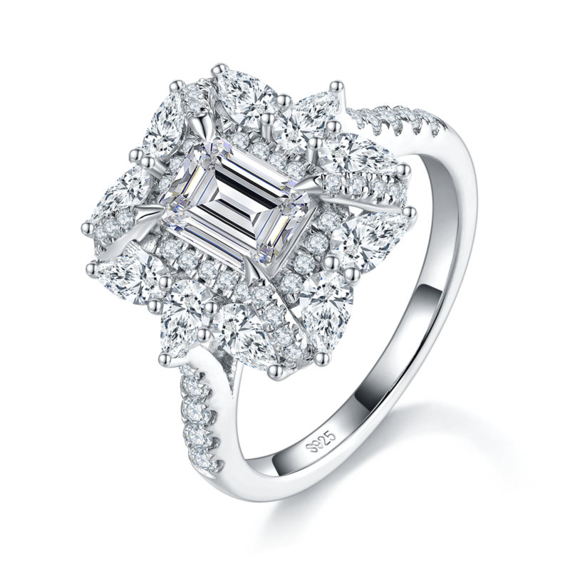 梨形小钻围镶长方钻Women's RingS925银镀白金定制选款主石Moissanite1.0ct/副石高碳钻