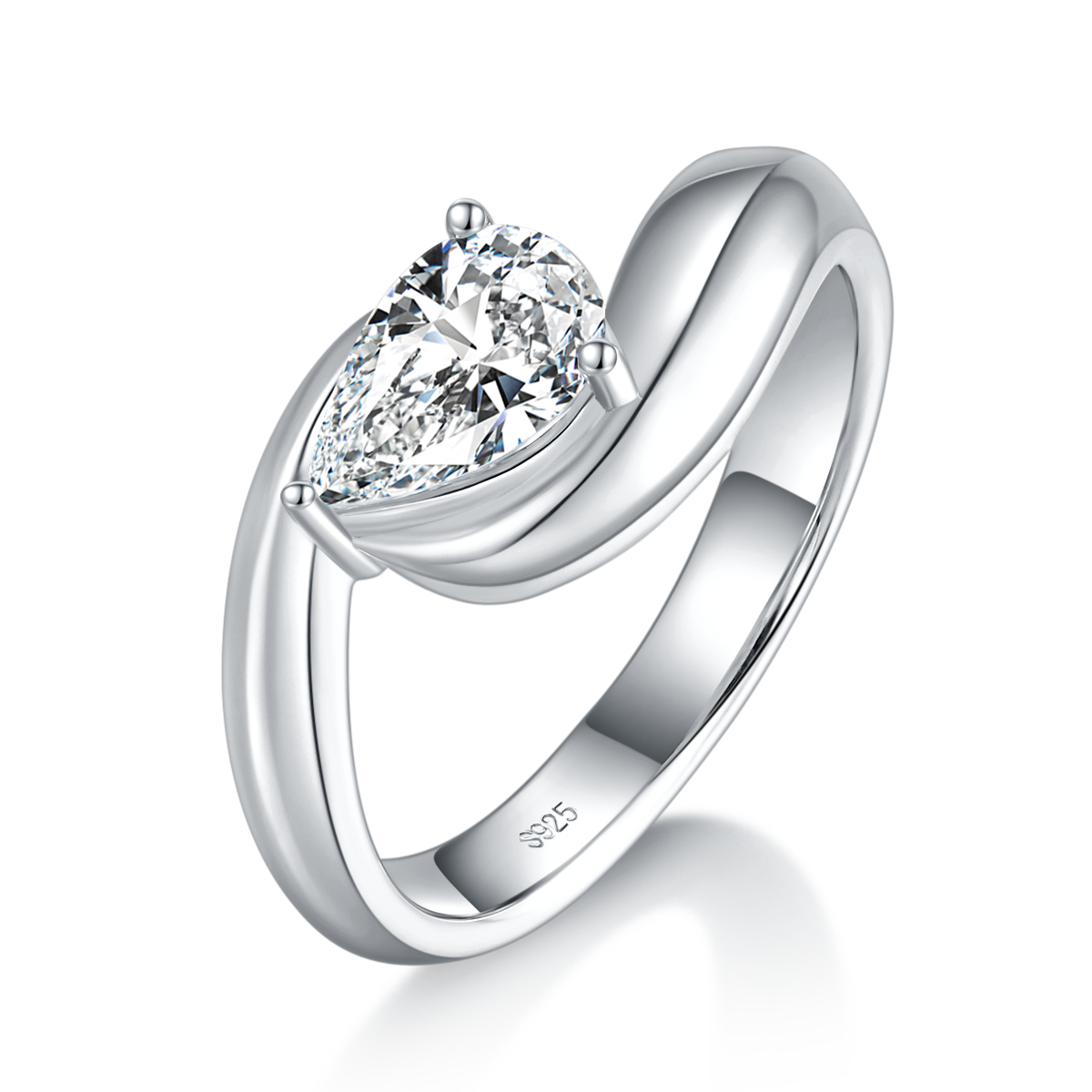 扭臂梨形女戒S925银镀白金定制选款主石莫桑钻1.0ct