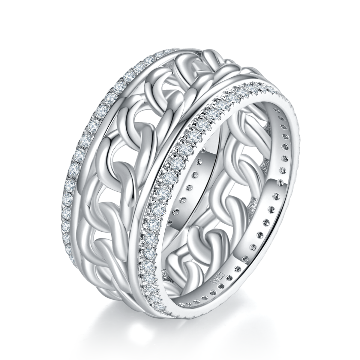 Cuban Chain Broken Diamond Men's Ring S925 Silver Plated Platinum Customized Selection Side Stone Moissanite 0.77ct