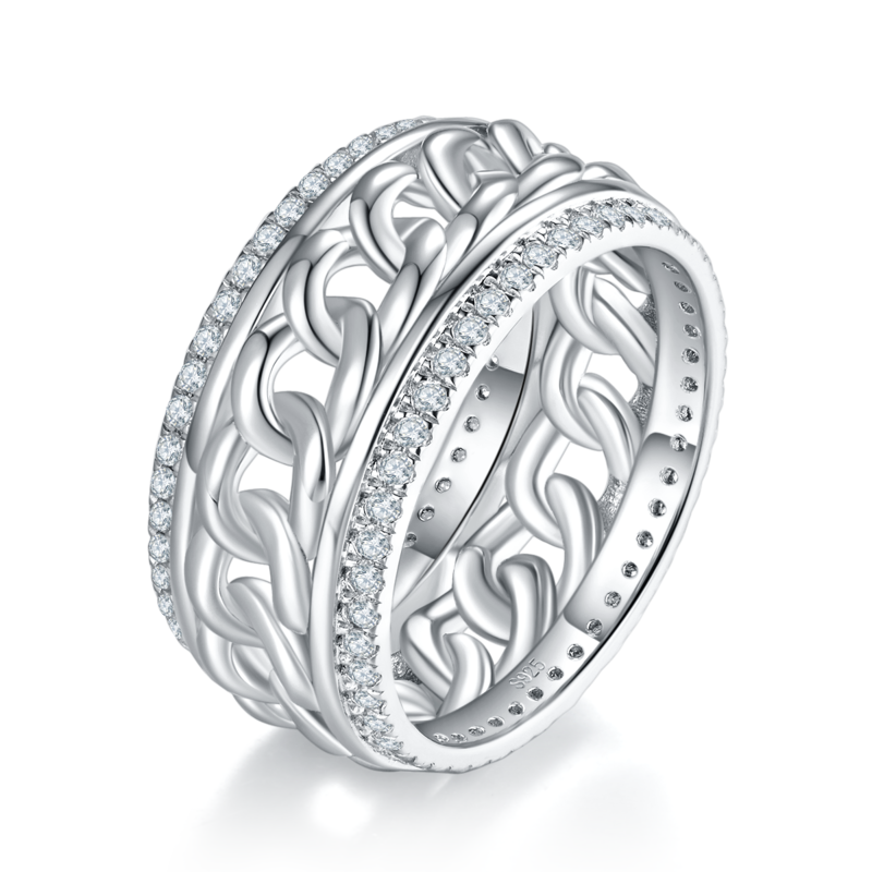 Cuban Chain碎钻Men's RingS925银镀白金定制选款副石Moissanite0.77ct