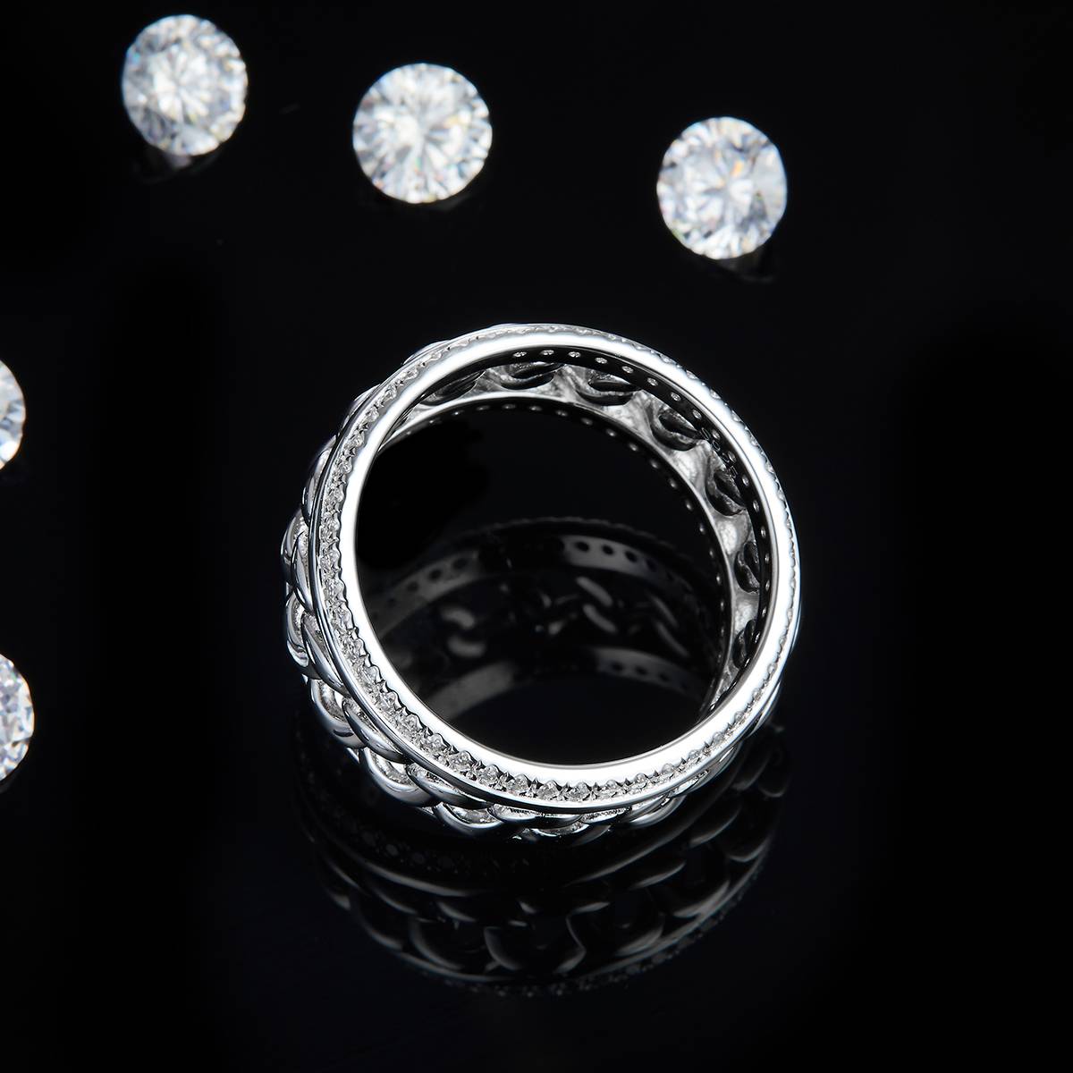 Cuban Chain Broken Diamond Men's Ring S925 Silver Plated Platinum Customized Selection Side Stone Moissanite 0.77ct