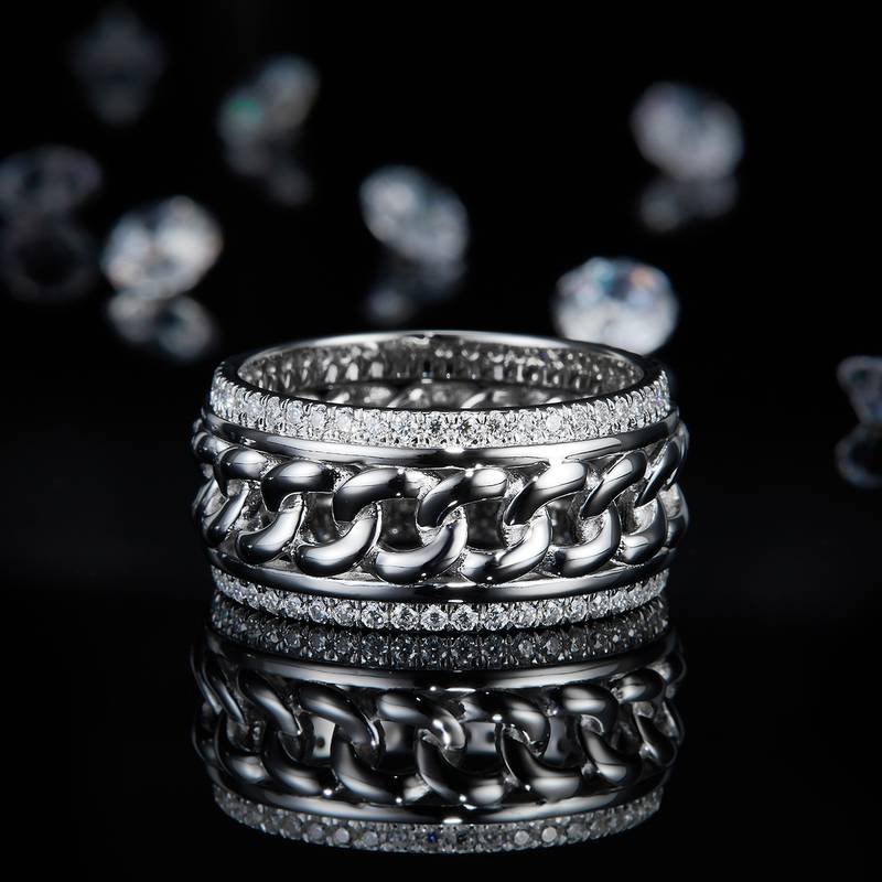 Cuban Chain碎钻Men's RingS925银镀白金定制选款副石Moissanite0.77ct