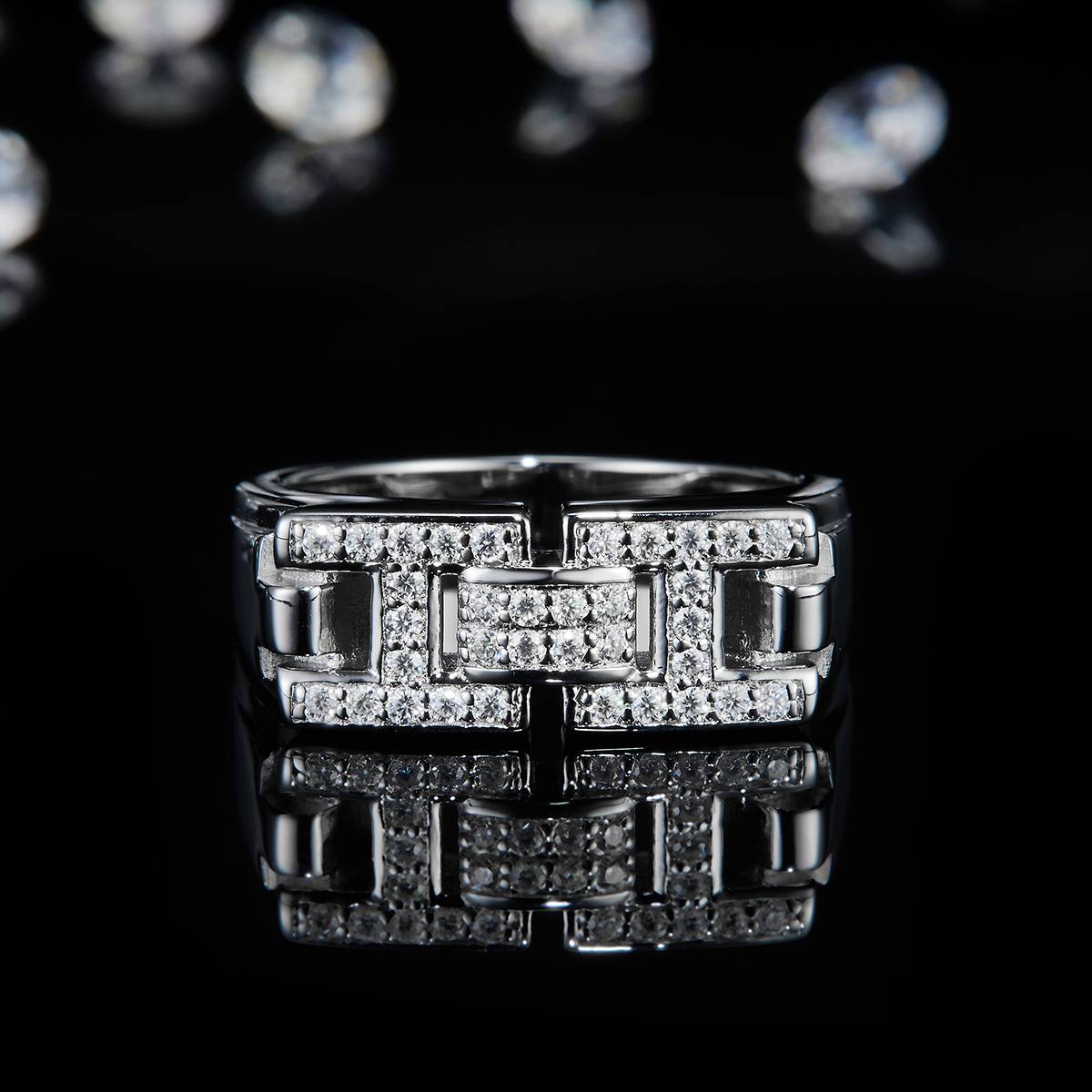H-letter lined S925 silver plated platinum men's ring custom selection Side Stone Moissanite 0.34ct