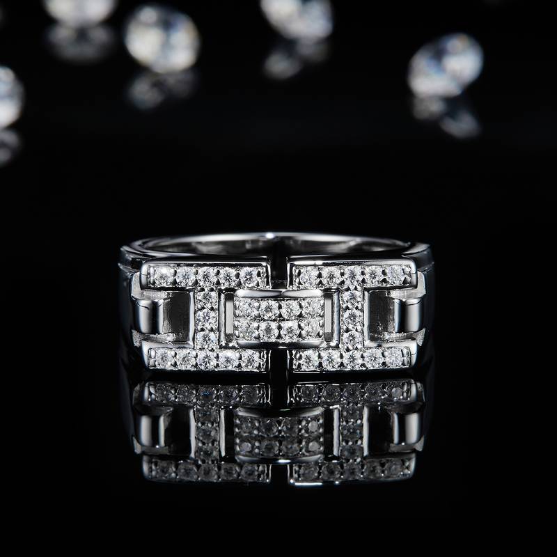 H字母排戒S925银镀白金Men's Ring定制选款副石Moissanite0.34ct