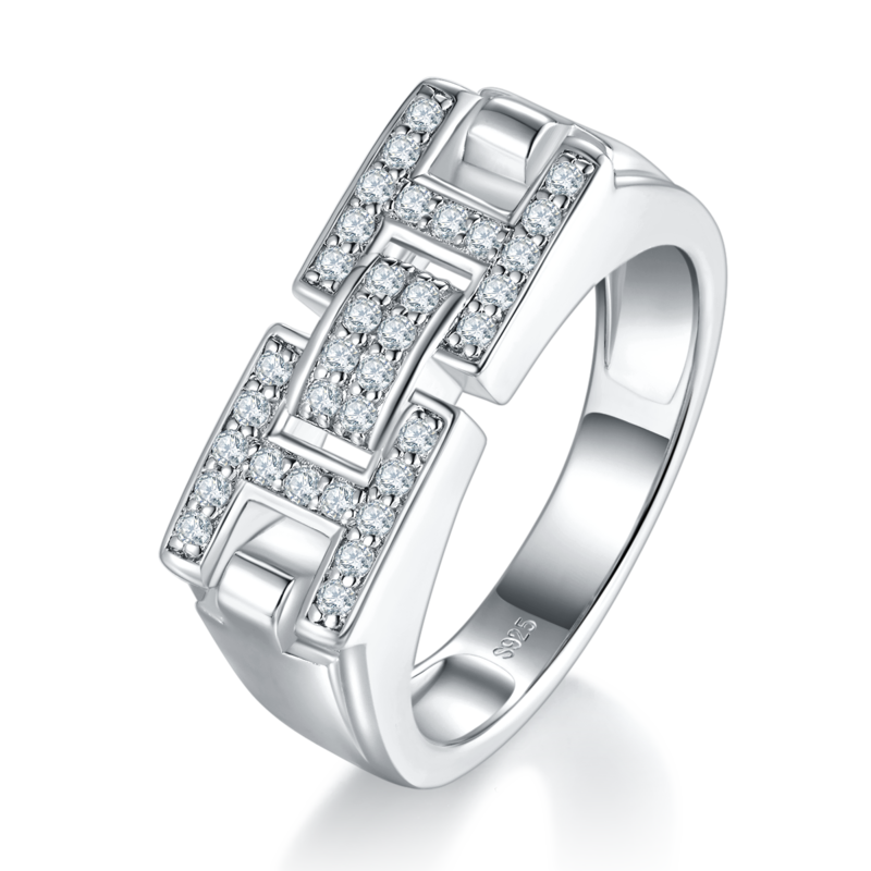 H字母排戒S925银镀白金Men's Ring定制选款副石Moissanite0.34ct
