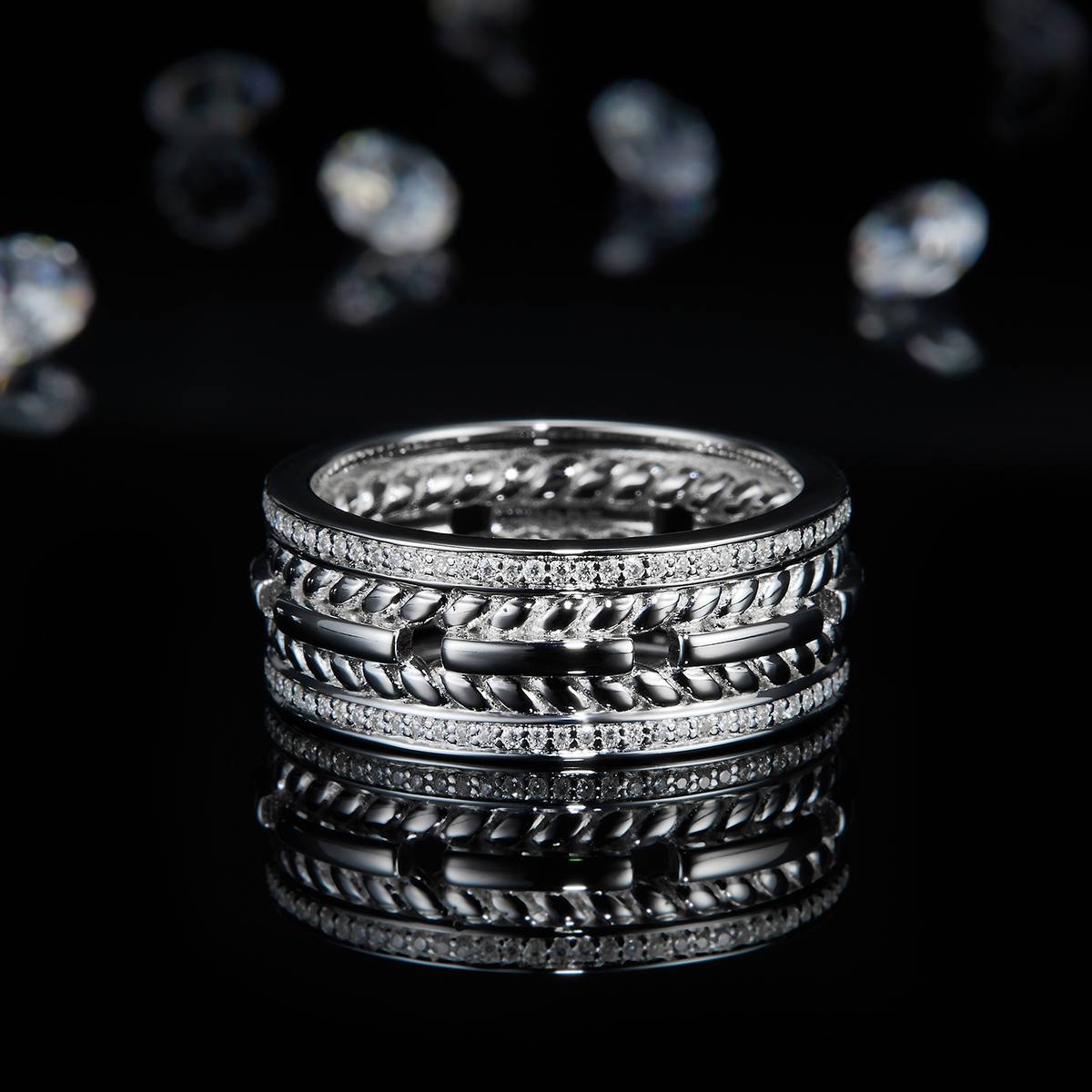 Simplified S925 Silver Plated Platinum Men's Ring Customized Selection Side Stone Moissanite 0.23ct