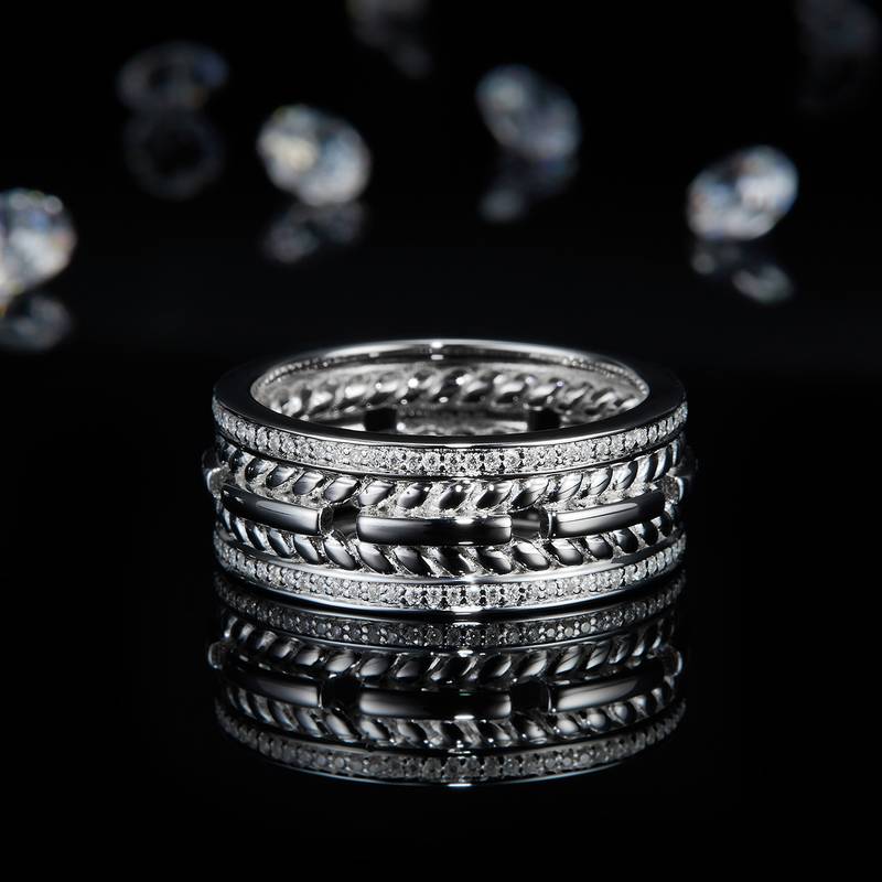简约款排戒S925银镀白金男戒定制选款副石莫桑钻0.23ct