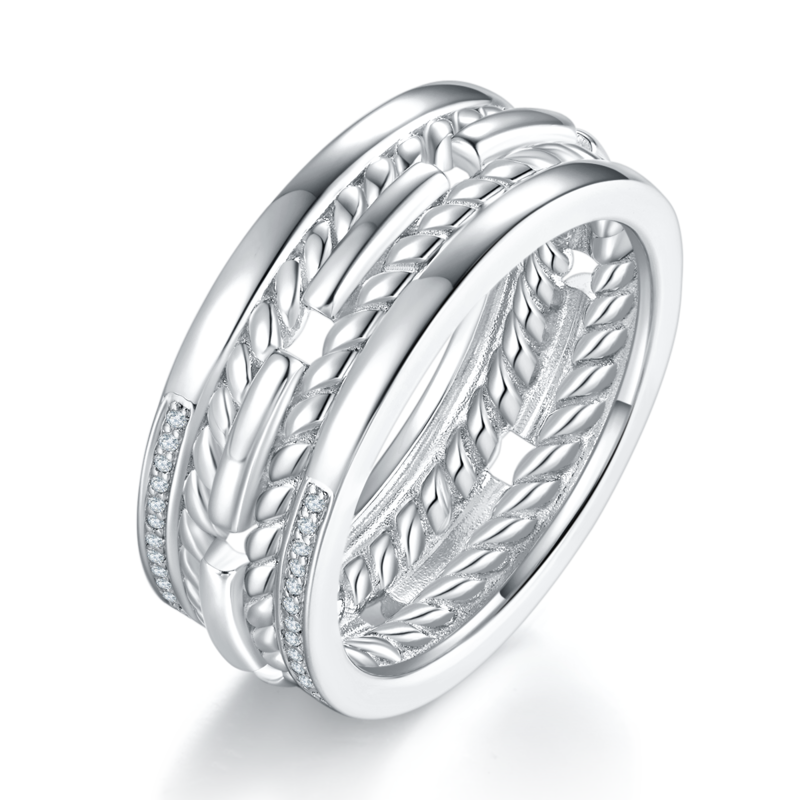 简约款排戒S925银镀白金男戒定制选款副石莫桑钻0.23ct