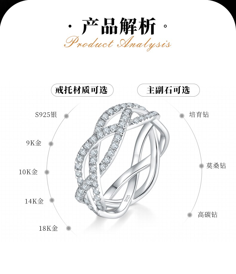 环环相绕排戒S925银镀白金女戒定制选款副石莫桑钻0.59ct - 2