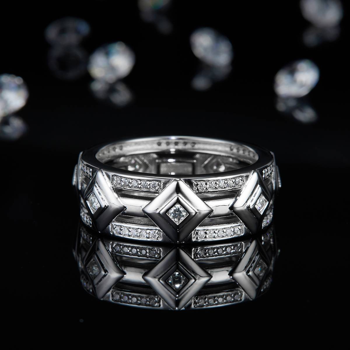 Light Luxury S925 Silver Plated Platinum Men's Ring Customized Selection Side Stone Moissanite 0.35ct
