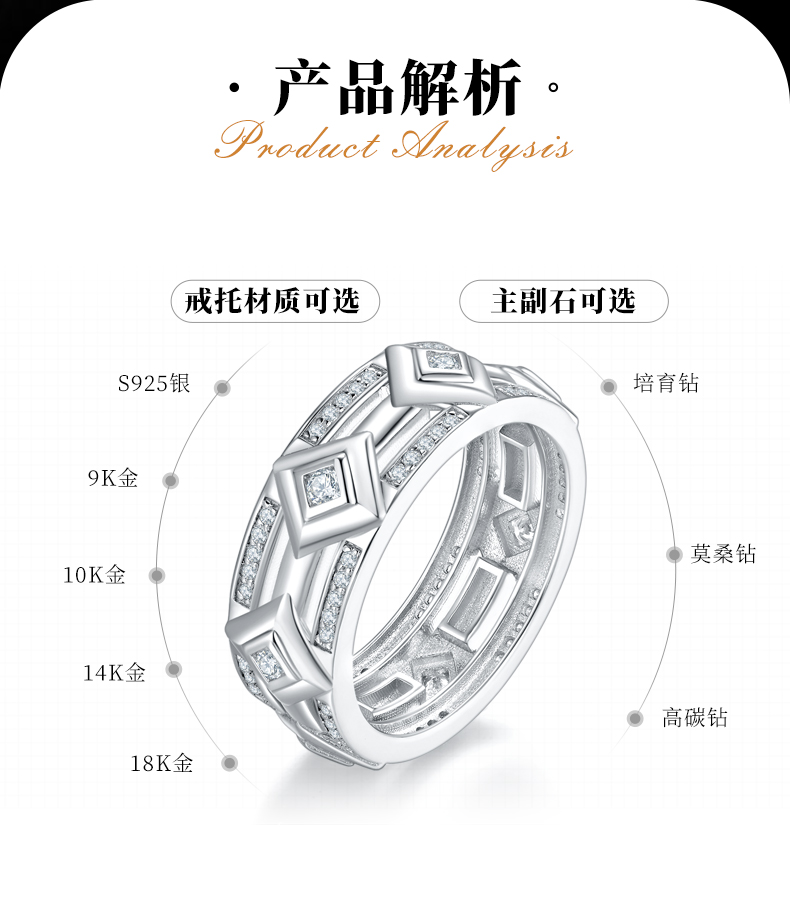 轻奢排戒S925银镀白金男戒定制选款副石莫桑钻0.35ct - 2