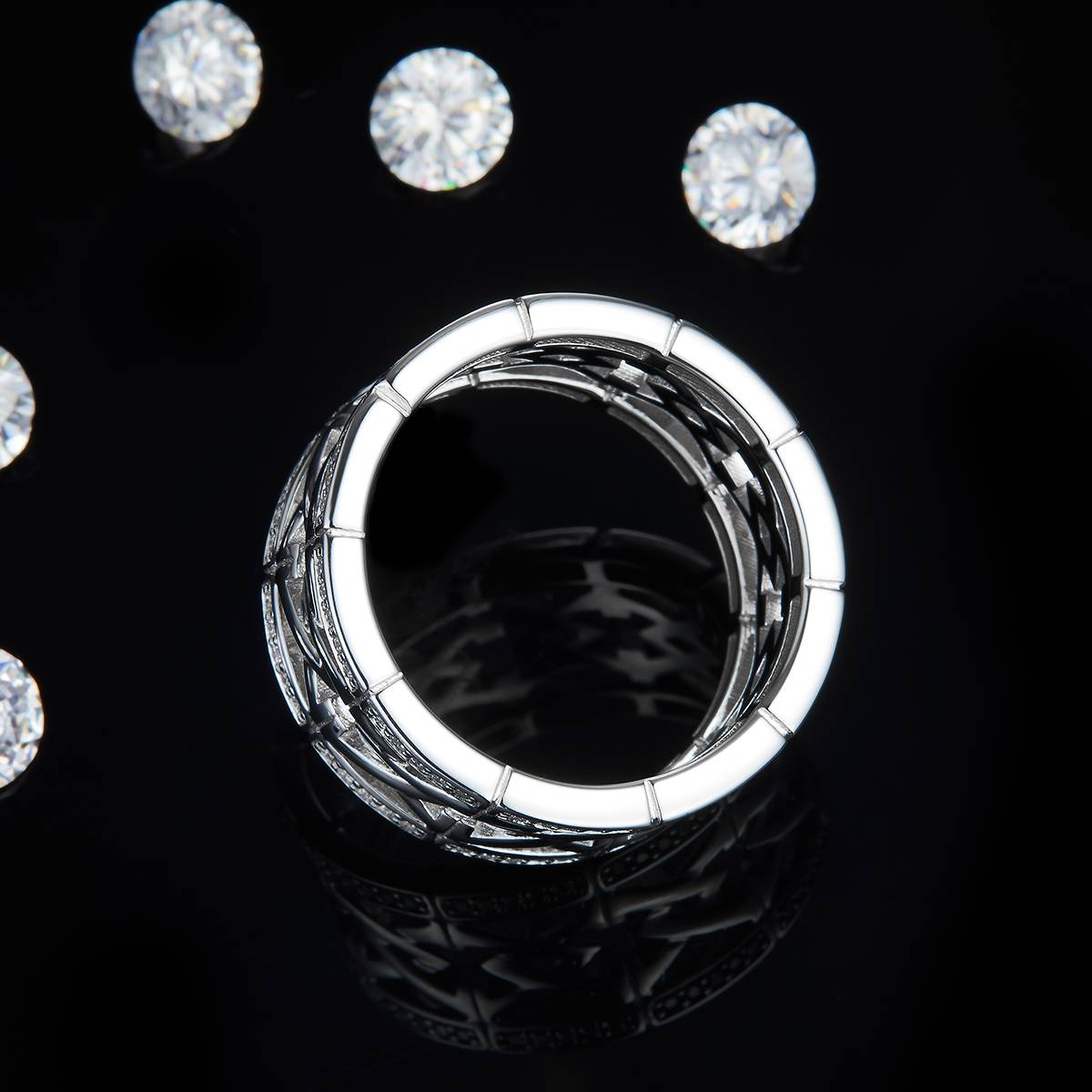 简约硬汉款排戒S925银镀白金男戒定制选款副石莫桑钻0.5ct