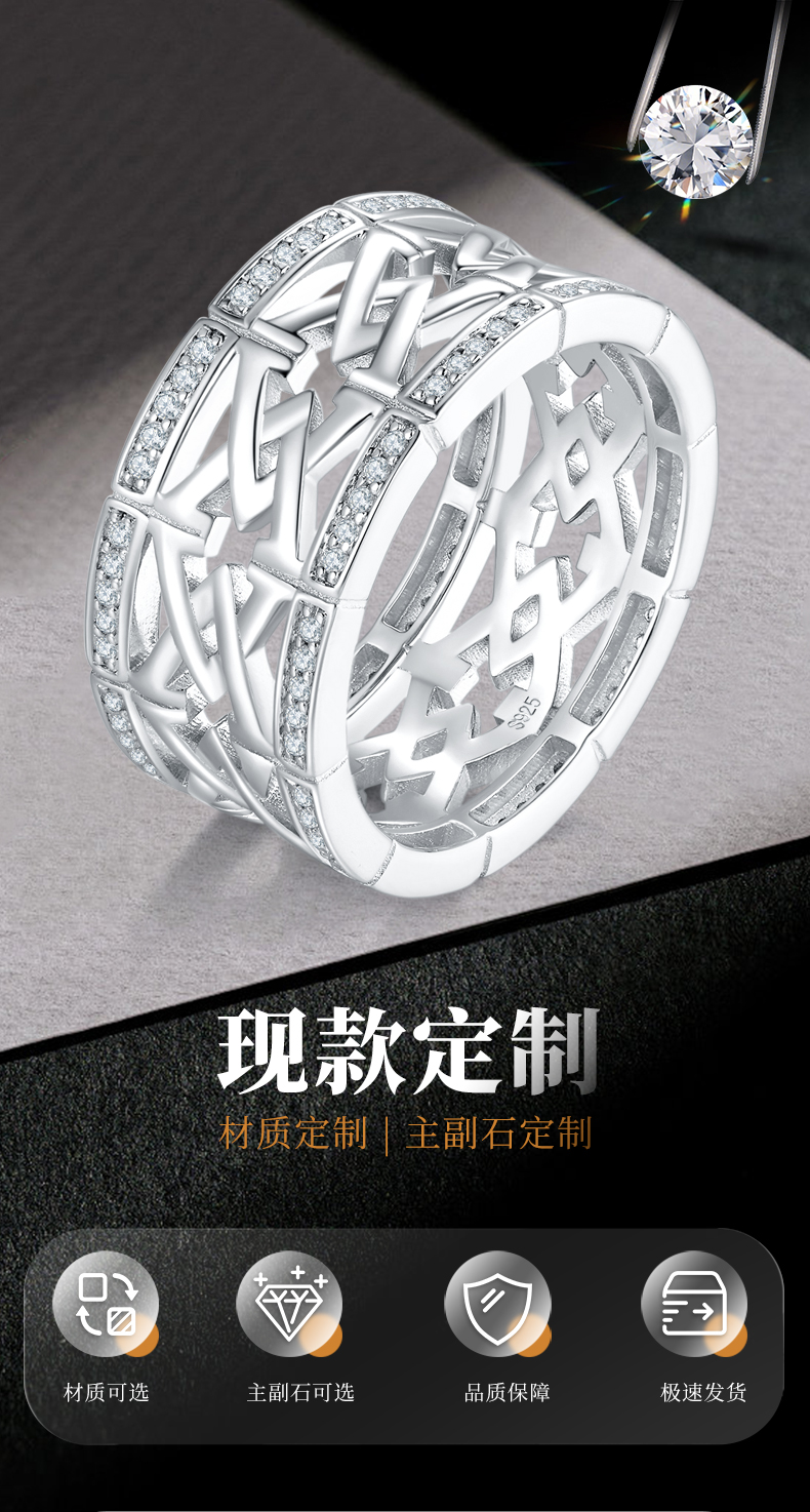 简约硬汉款排戒S925银镀白金男戒定制选款副石莫桑钻0.5ct - 1