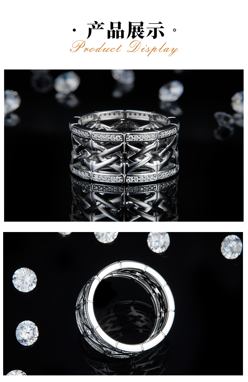 简约硬汉款排戒S925银镀白金男戒定制选款副石莫桑钻0.5ct - 3