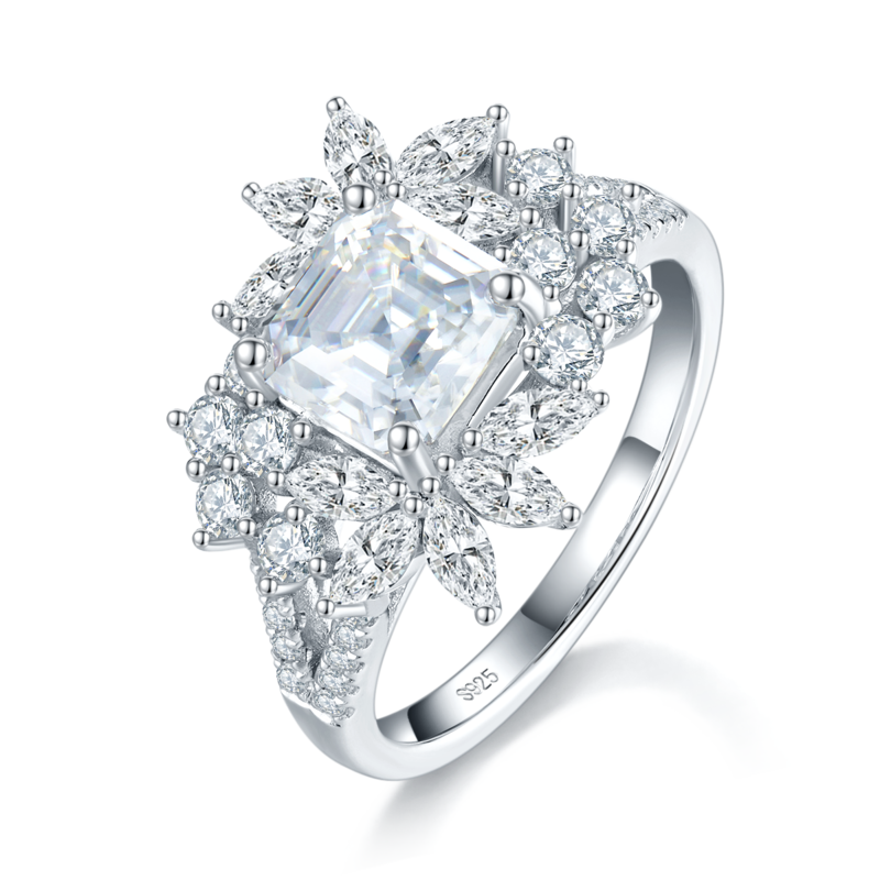 豪华款马眼小钻围镶阿斯切Women's RingS925银镀白金定制选款主石Moissanite2.0ct/副石高碳钻