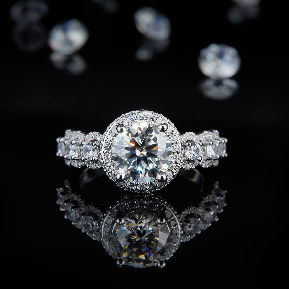 Luxury Full Diamond Round Bag Women's Ring S925 Silver Plated Platinum Customized Selection Main Stone Moissanite 2.0ct/Side Stone Cubic Zirconia