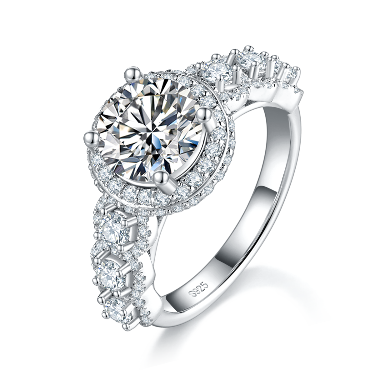 Luxury Full Diamond Round Bag Women's Ring S925 Silver Plated Platinum Customized Selection Main Stone Moissanite 2.0ct/Side Stone Cubic Zirconia