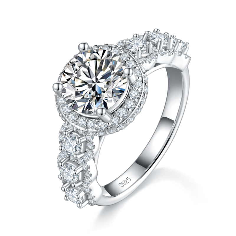 Affordable Luxury款满钻圆包Women's RingS925银镀白金定制选款主石Moissanite2.0ct/副石高碳钻