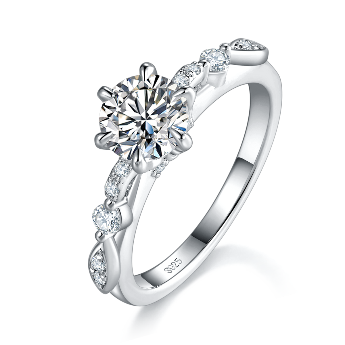 Fashion Six Claw Women's Ring S925 Silver Plated Platinum Customized Selection Main Stone Moissanite 1.0ct/Side Stone Cubic Zirconia