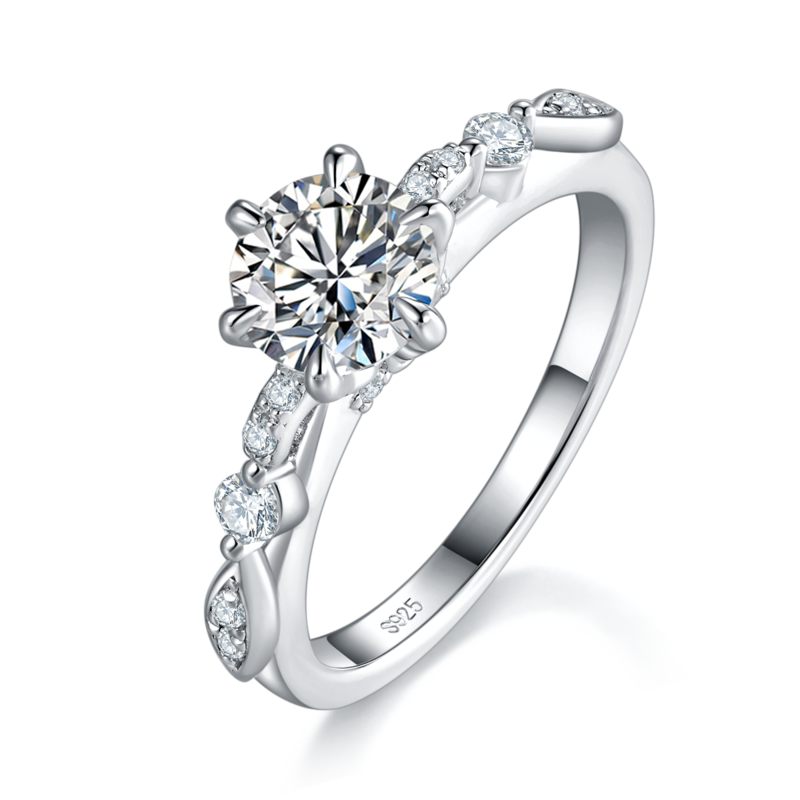 Fashion六爪Women's RingS925银镀白金定制选款主石Moissanite1.0ct/副石高碳钻
