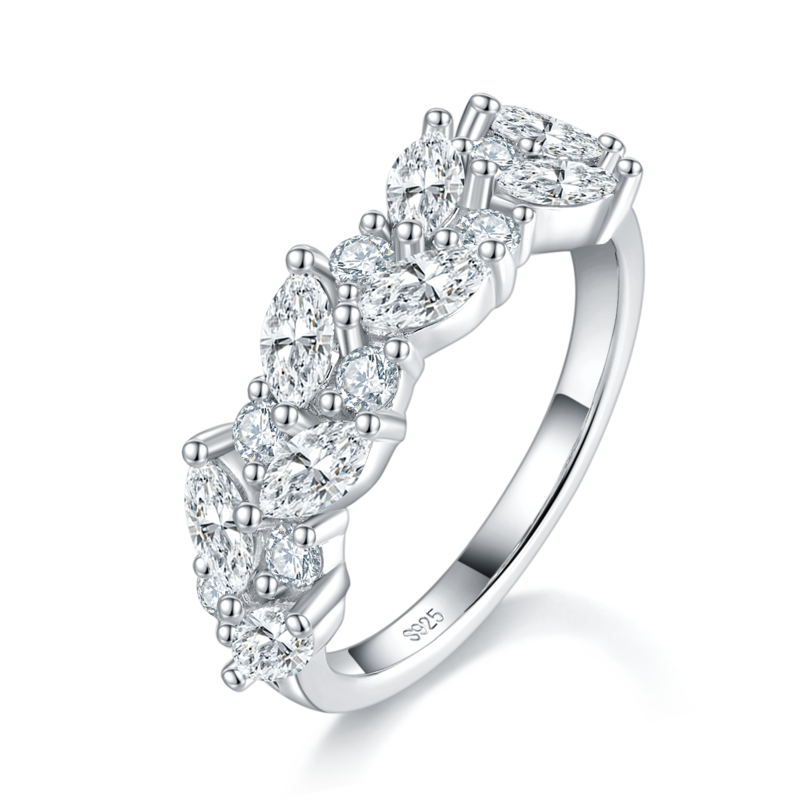 马眼钻排戒S925银镀白金Women's Ring定制选款副石Moissanite1.92ct