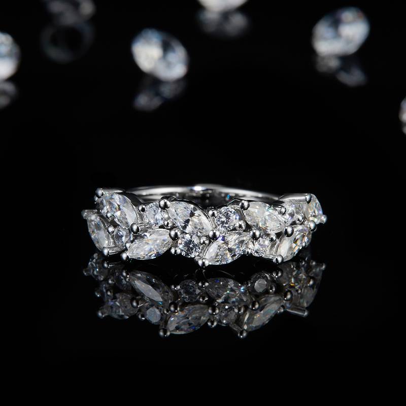 马眼钻排戒S925银镀白金Women's Ring定制选款副石Moissanite1.92ct