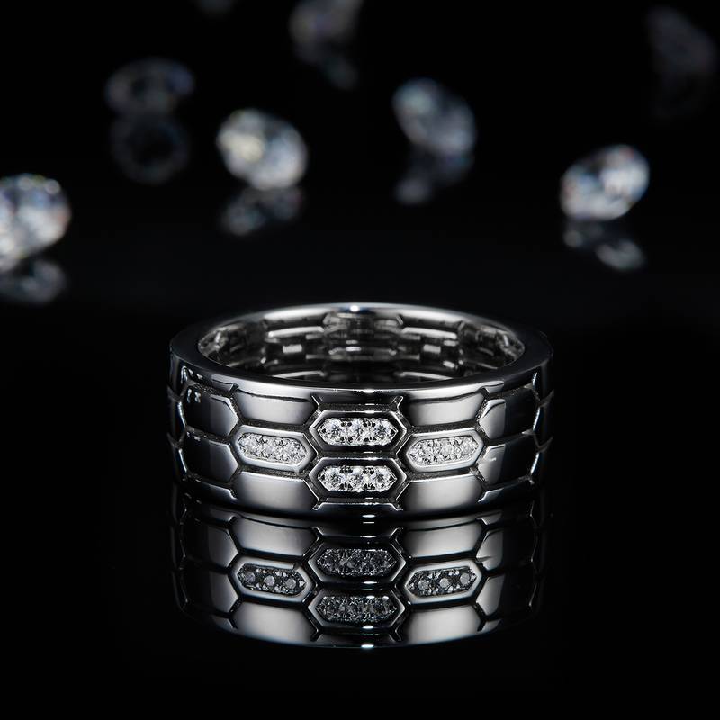 简约风排戒S925银镀白金Men's Ring定制选款副石Moissanite0.1ct