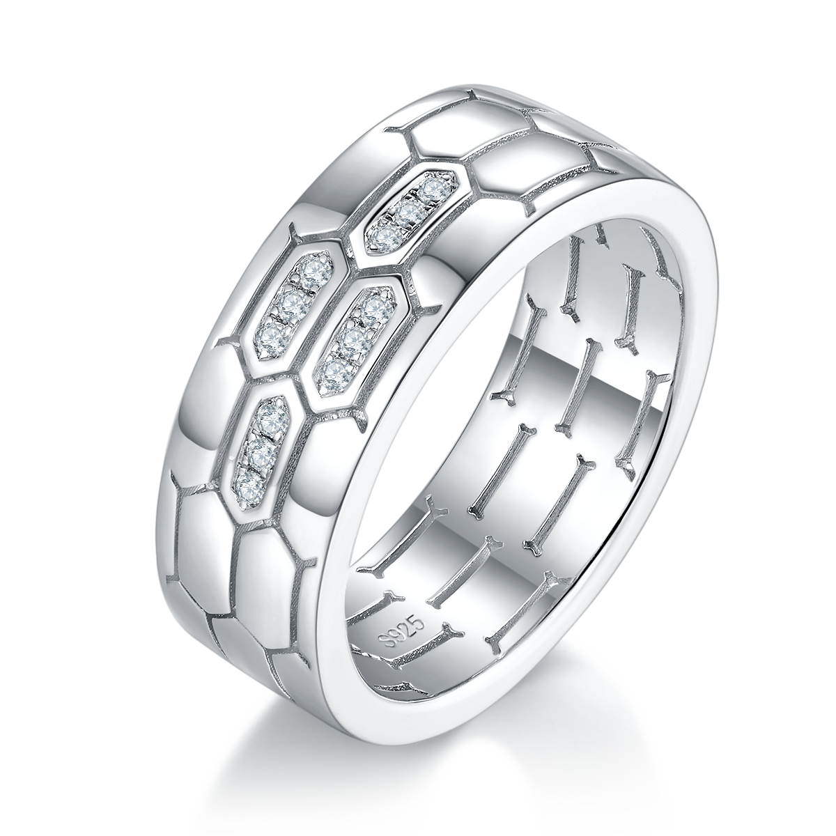Simplified Wind Exhaust Ring S925 Silver Plated Platinum Men's Ring Customized Selection Side Stone Moissanite 0.1ct