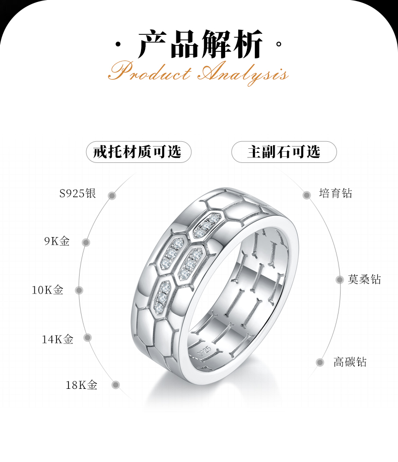 简约风排戒S925银镀白金男戒定制选款副石莫桑钻0.1ct - 2
