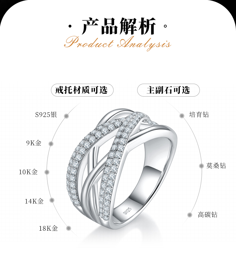 轻奢款排戒S925银镀白金女戒定制选款副石莫桑钻0.67ct - 2