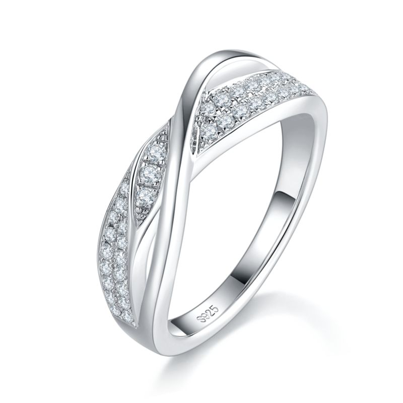 扭臂X形排戒S925银镀白金Women's Ring定制选款副石Moissanite0.26ct