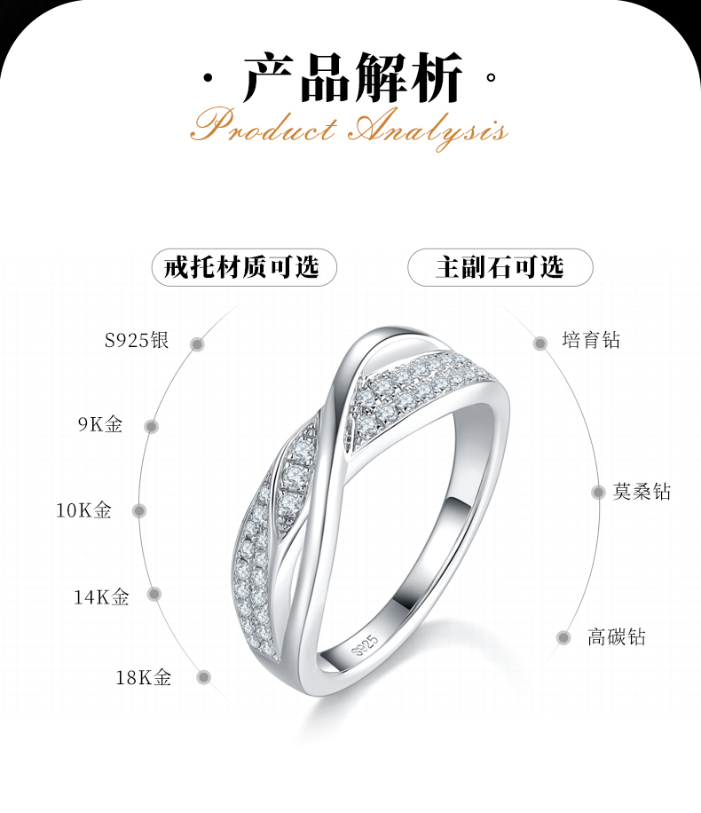 扭臂X形排戒S925银镀白金女戒定制选款副石莫桑钻0.26ct - 2