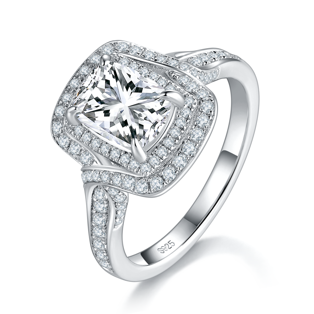Light Luxury Round Package Fat Rectangular Women's Ring S925 Silver Plated Platinum Customized Selection Main Stone Moissanite 2.0ct/Side Stone Cubic Zirconia