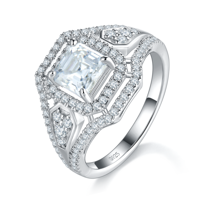 豪华款满钻阿斯切Women's RingS925银镀白金定制选款主石Moissanite2.0ct/副石高碳钻