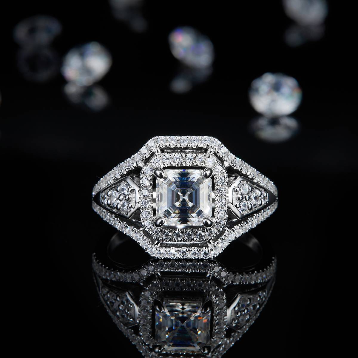 豪华款满钻阿斯切女戒S925银镀白金定制选款主石莫桑钻2.0ct/副石高碳钻
