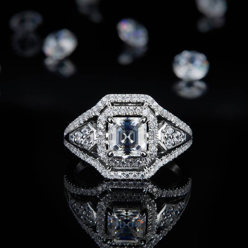 豪华款满钻阿斯切Women's RingS925银镀白金定制选款主石Moissanite2.0ct/副石高碳钻