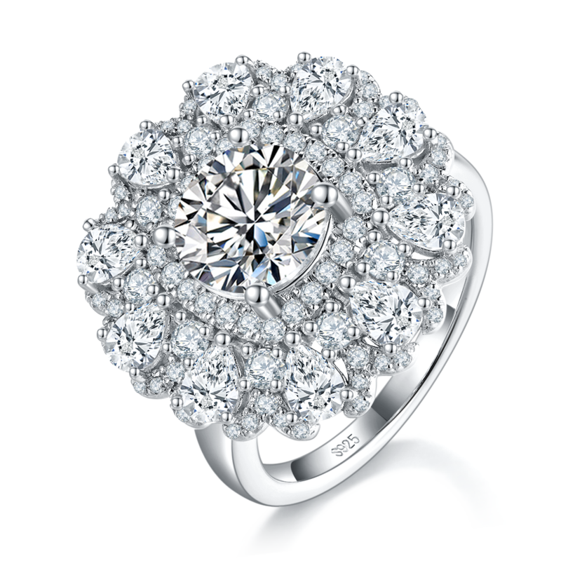 豪华款梨形小钻围镶Women's RingS925银镀白金定制选款主石Moissanite2.0ct/副石高碳钻