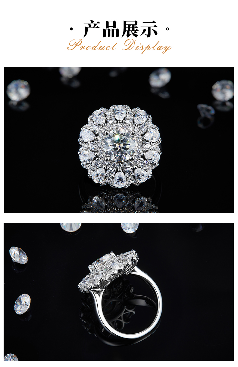豪华款梨形小钻围镶女戒S925银镀白金定制选款主石莫桑钻2.0ct/副石高碳钻 - 3