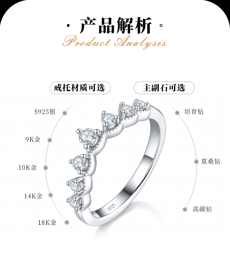 V形排戒S925银镀白金女戒定制选款副石莫桑钻0.8ct - 2