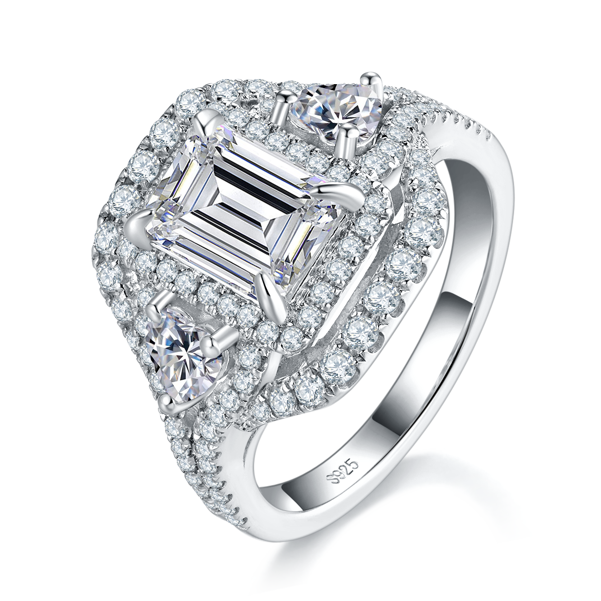 Light luxury surround set rectangular diamond women's ring S925 silver plated platinum custom selection Side Stone Moissanite 1.0ct/Side Stone Cubic Zirconia